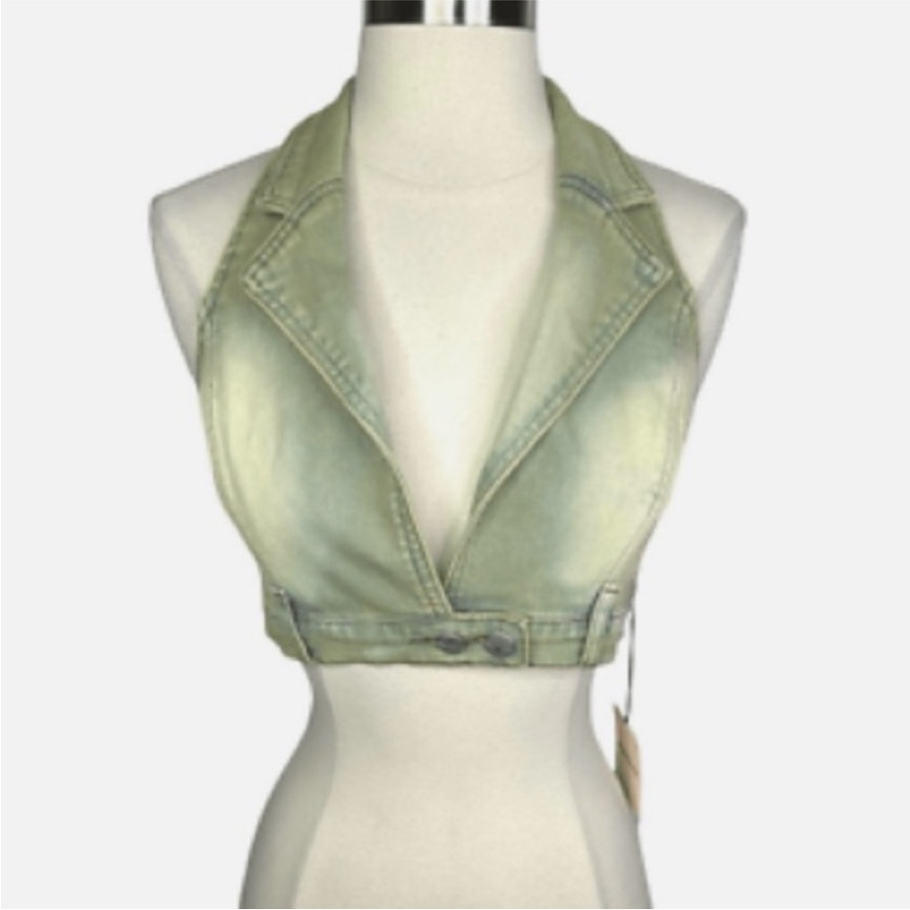 Revolve Superdown Cindy Halter Top in Green Wash Denim. Crop. Size S. NWT